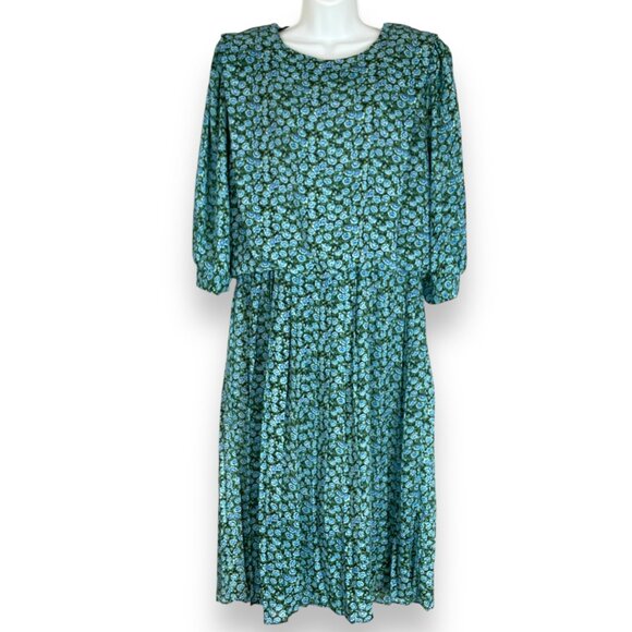 Vintage Blouson Dress‎ Blue Roses Floral Pleated Skirt Women Plus Size Retro 90s - Picture 1 of 15